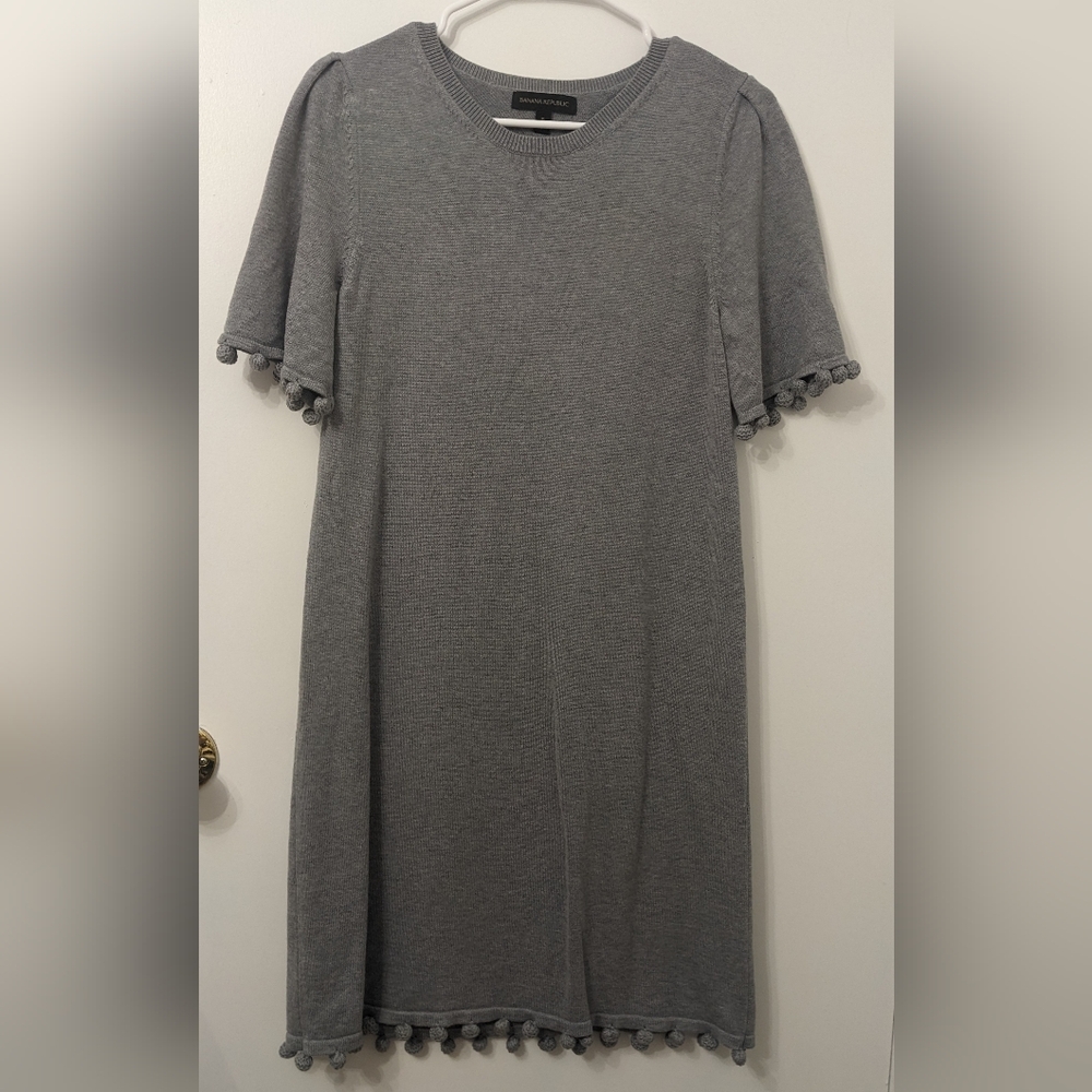 Banana Republic Relaxed Gray Sweater Dress with Pom Pom Hem | Size Small